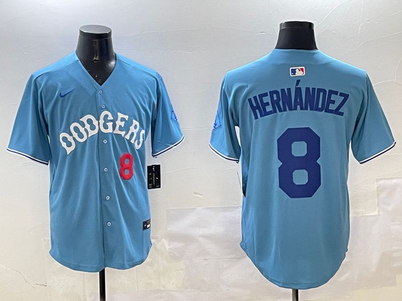 Men Los Angeles Dodgers 8 Hernandez Light Blue Throwback Game 2025 Nike MLB Jersey style 21